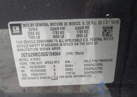 2016 GMC Sierra 1500 Sle from USA, damaged, VIN 3GTU2MEC0GG104564